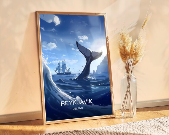 Reykjavk Iceland Whale Poster Exotic Travel Decor Freediving Spot Ocean Scenery Home Or Booking Tropical Island Art