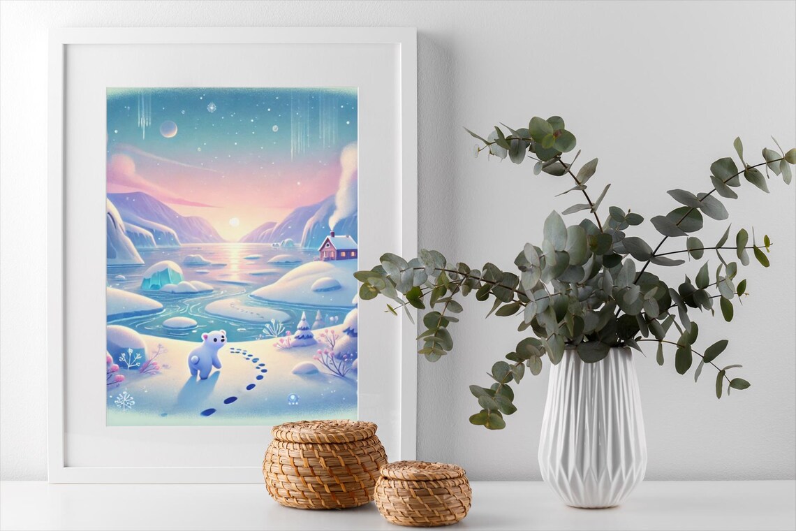 Cute Polar Bear Winter Art, Cozy Arctic Landscape - Image 2