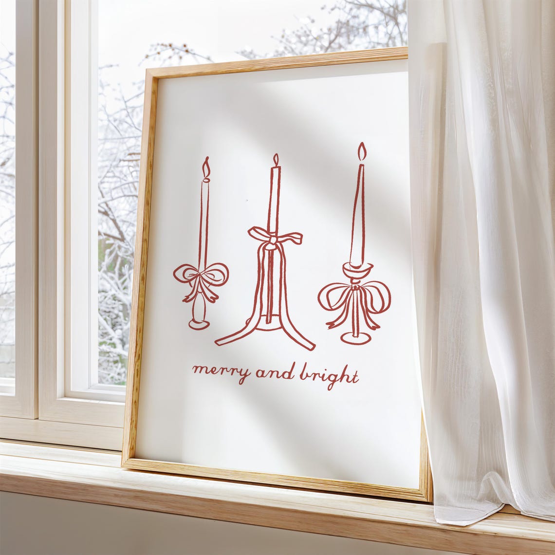 Merry and Bright Candles Line Art Coquette Christmas Wall Art - Image 6