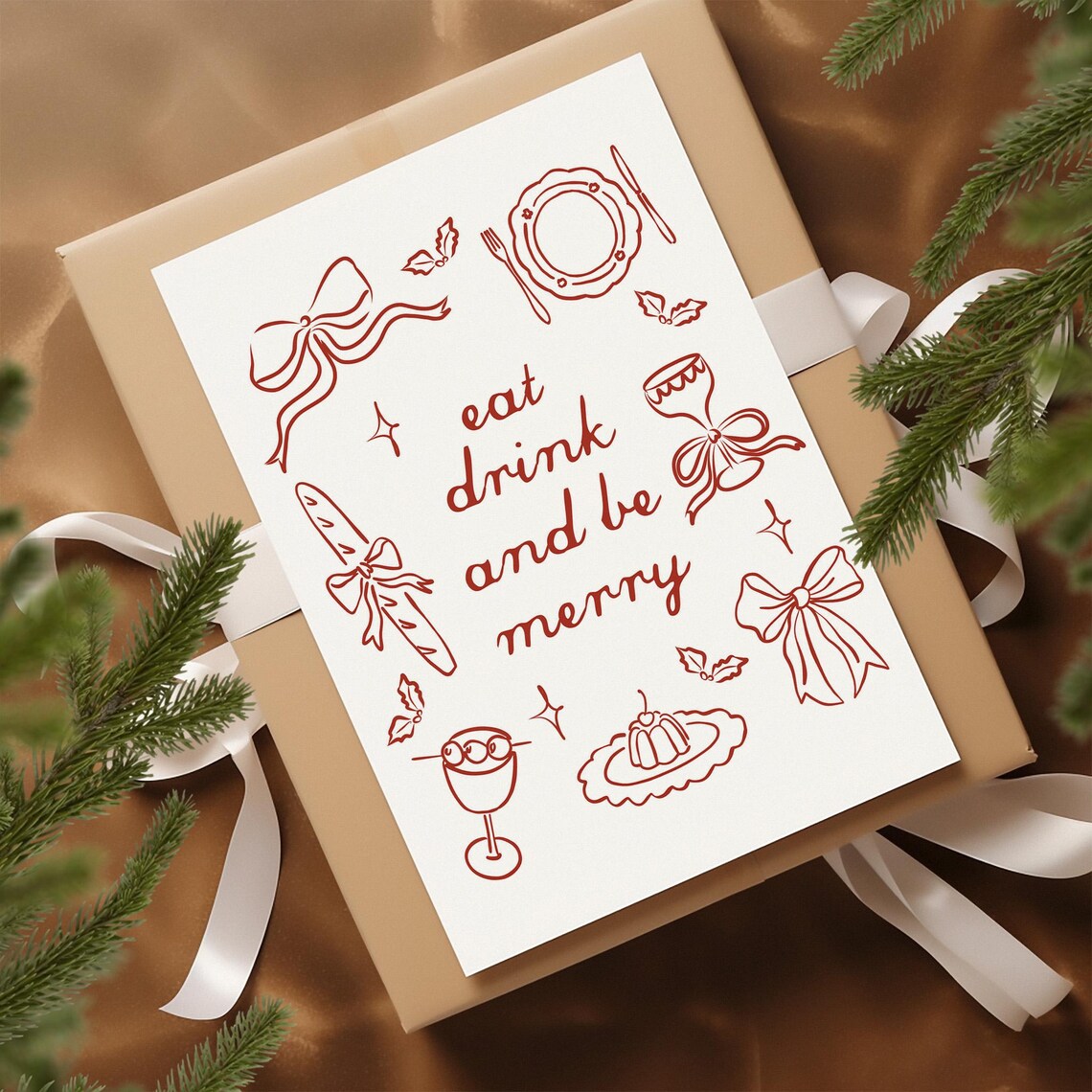 Eat Drink and Be Merry Red Line Art Holiday Doodle Party Wall Art - Image 5