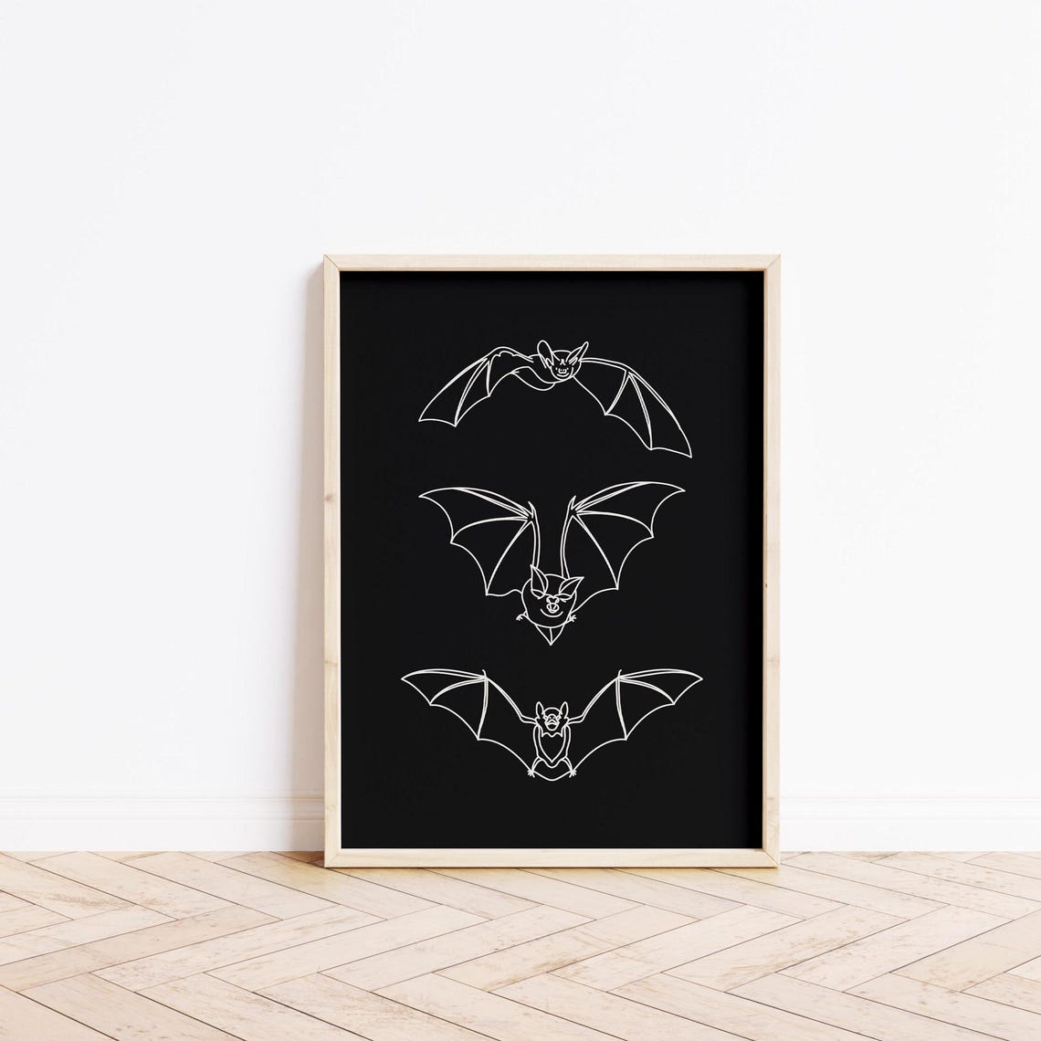 Flying Bats Line Art Black Background Minimalist Halloween Poster - Image 3