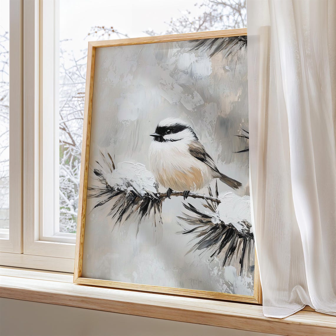 Chickadee on Snowy Pine Branch Vintage Style Christmas Bird Poster - Image 3