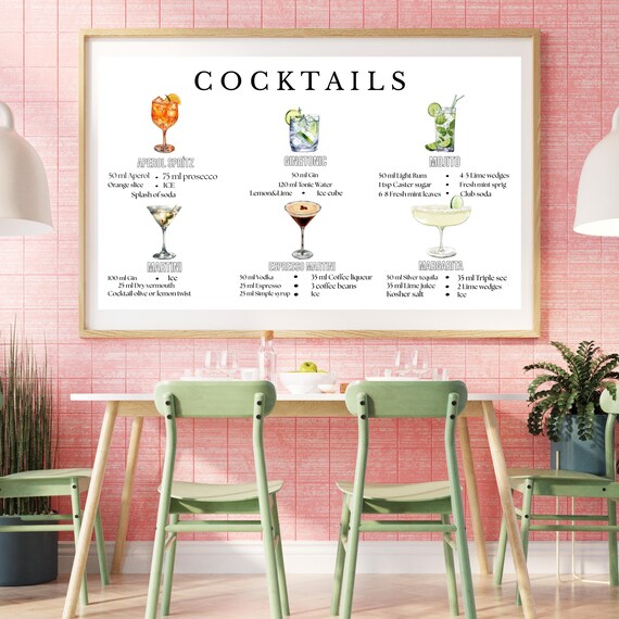 Cocktail Recipe Chart with Six Classic Illustrated Drinks Bar Poster
