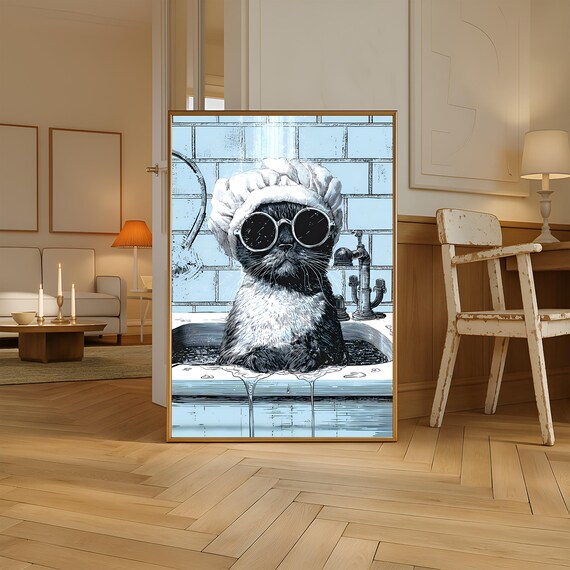 Funny Cat Bathroom Wall Art Poster Humorous Sign Trendy
