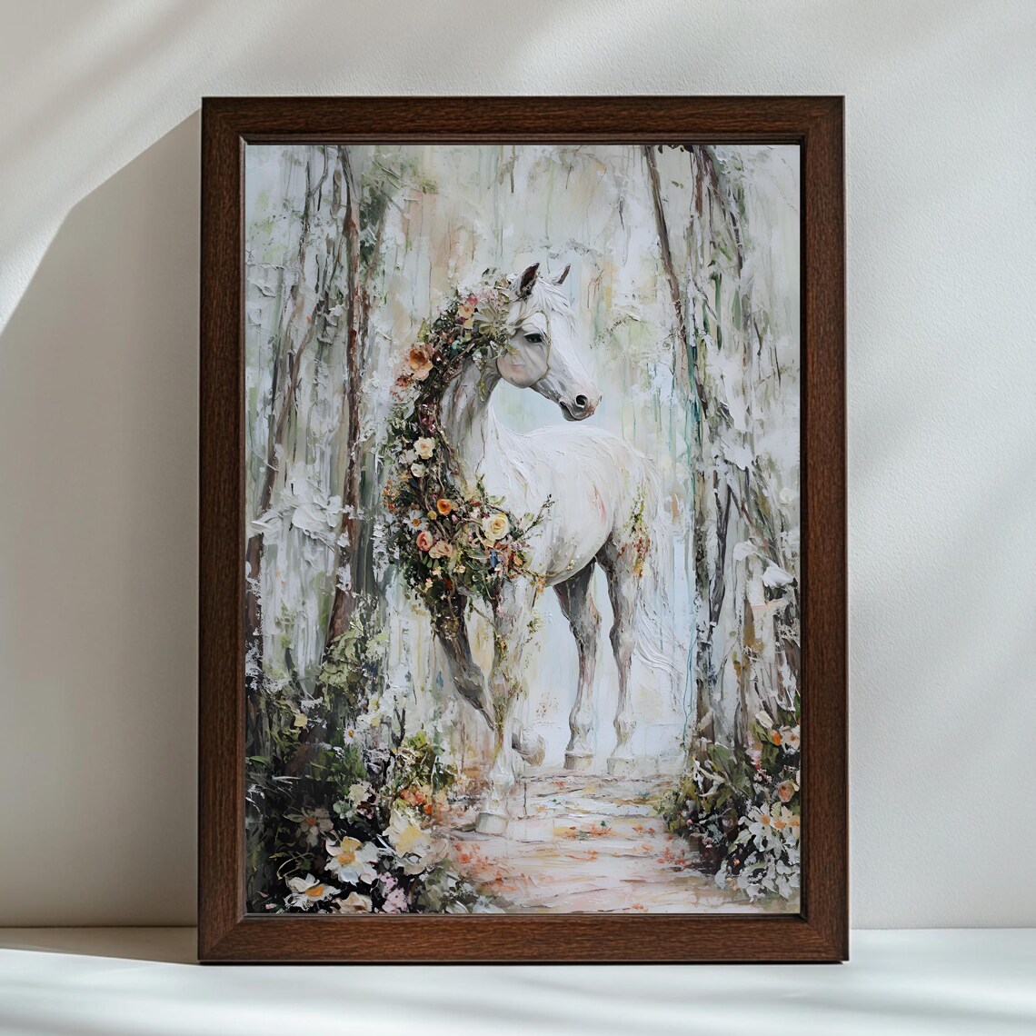White Horse With Floral Garland in an Ethereal Birch Forest Art Poster