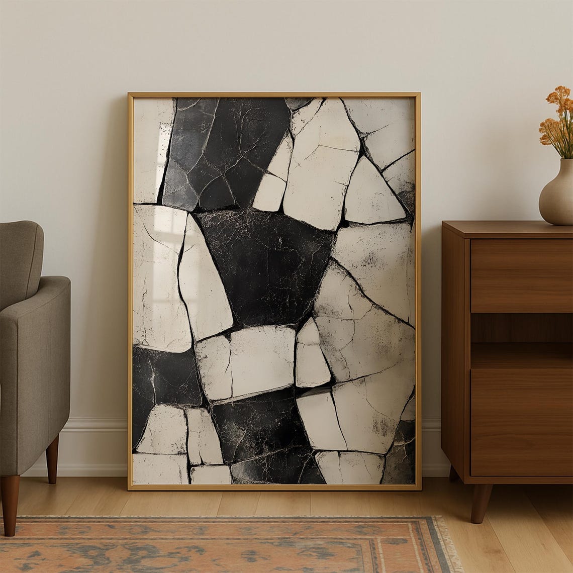 Dramatic Cracked Black And White Stone Mosaic Abstract Poster