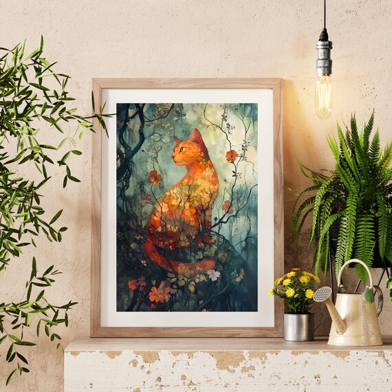 Orange Tabby Cat Floral Double Exposure Enchanted Forest Art Poster