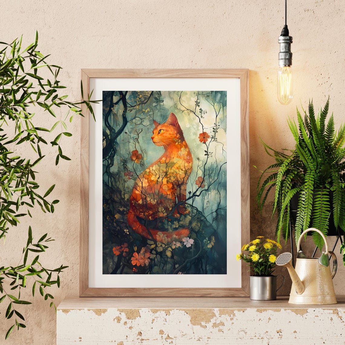 Orange Tabby Cat Floral Double Exposure Enchanted Forest Art Poster