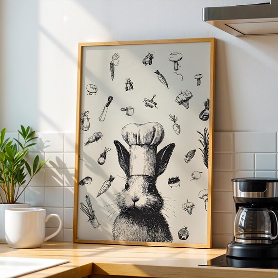 Chef Kitchen Wall Art Gifts Rabbit Prints Funny Animal Decor