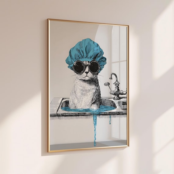 Cat in Teal Shower Cap and Sunglasses Sitting in a Sink Poster