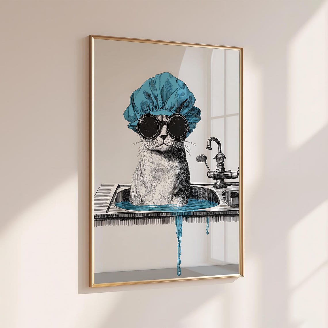 Cat in Teal Shower Cap and Sunglasses Sitting in a Sink Poster