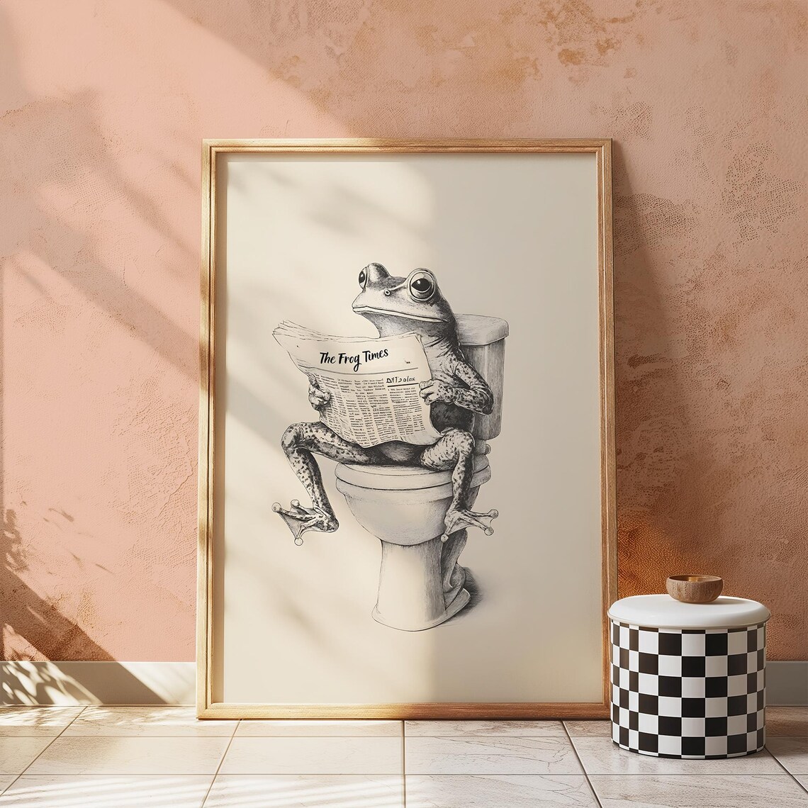 Funny Frog Reading The Frog Times On Toilet Vintage Bathroom Poster
