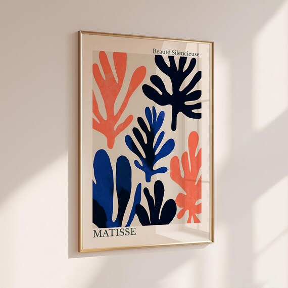 Matisse Coral and Navy Blue Leaf Cut Out Abstract Botanical Poster
