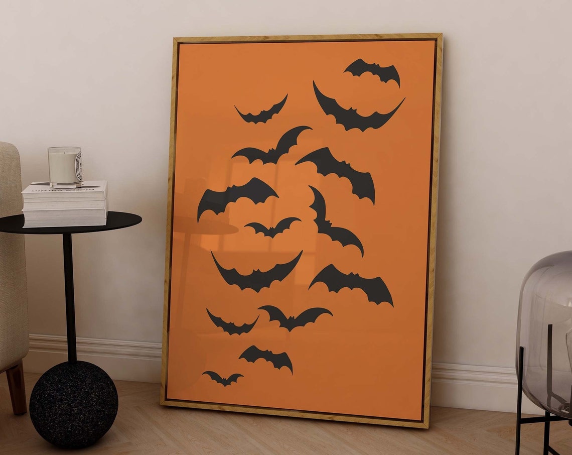 Flying Bat Silhouettes Minimal Black on Orange Halloween Poster