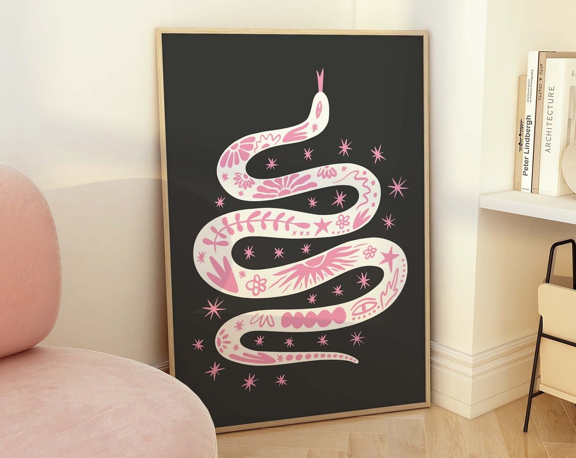 Boho Tattoo Snake White Illustration Black Starry Art Poster