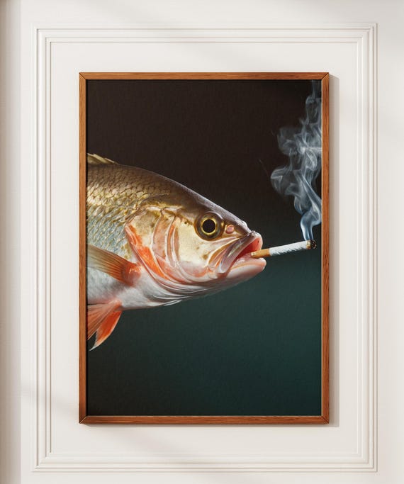 Trout Smoking A Cigarette Vintage Poster Art Funny Retro Whimsical Print Cabin Wall Decor Outdoor Sports Fisherman Illustration Gift For Dad