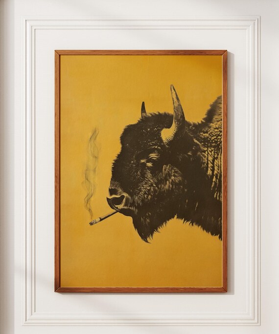 Bison Smoking a Cigarette on Mustard Yellow Vintage Wildlife Poster