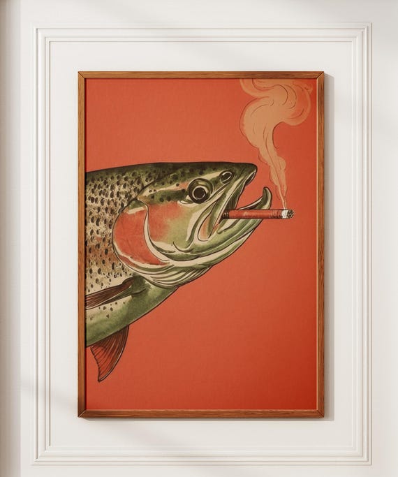 Trout Smoking A Cigarette Vintage Poster Art Funny Retro Whimsical Print Cabin Wall Decor Outdoor Sports Fisherman Illustration Gift For Dad