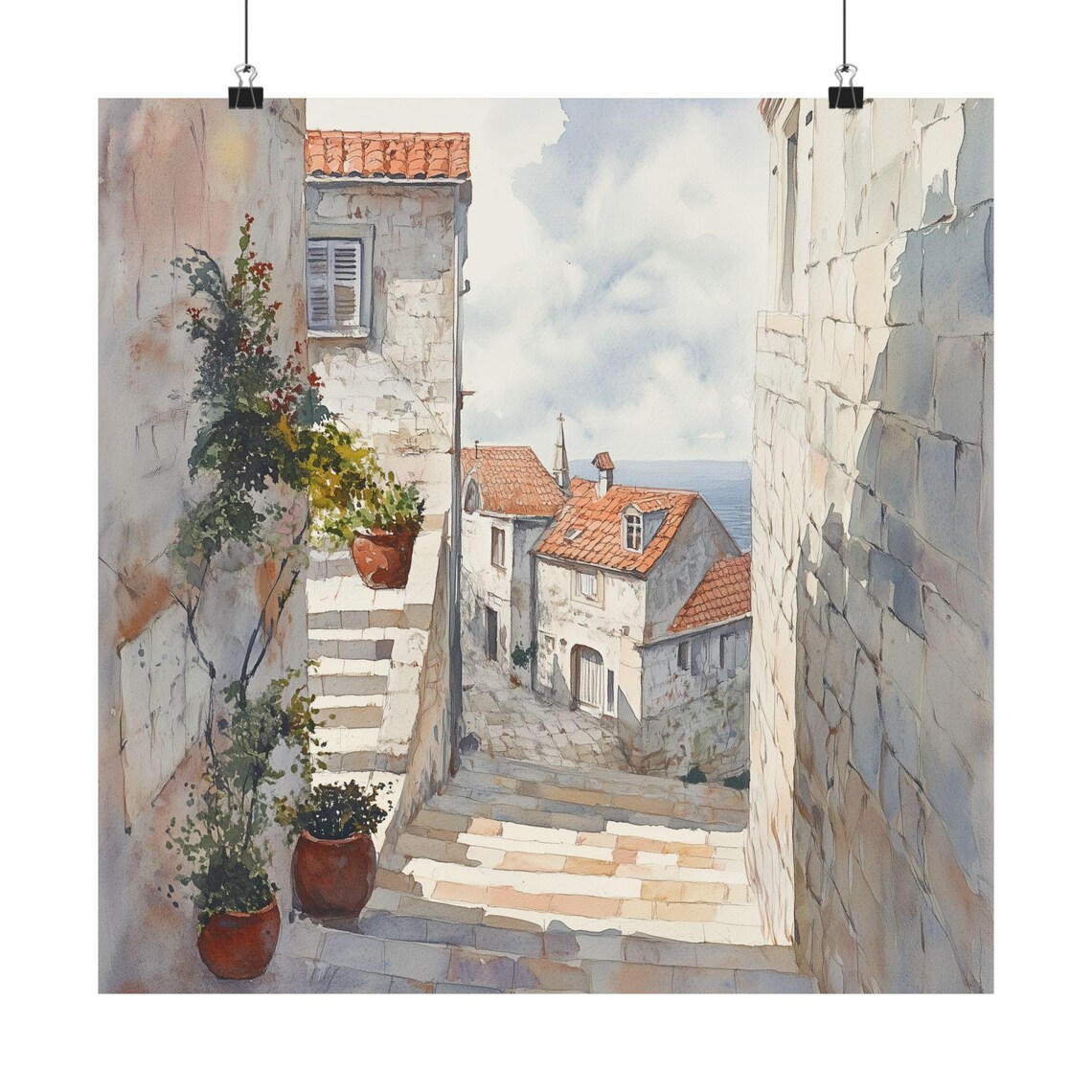 Croatia Art, Dubrovnik Streetscape Watercolor Travel Poster