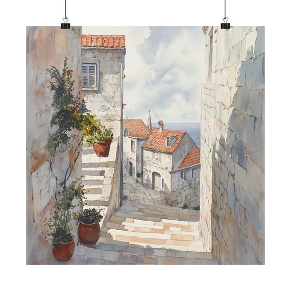 Croatia Art, Dubrovnik Streetscape Watercolor Travel Poster
