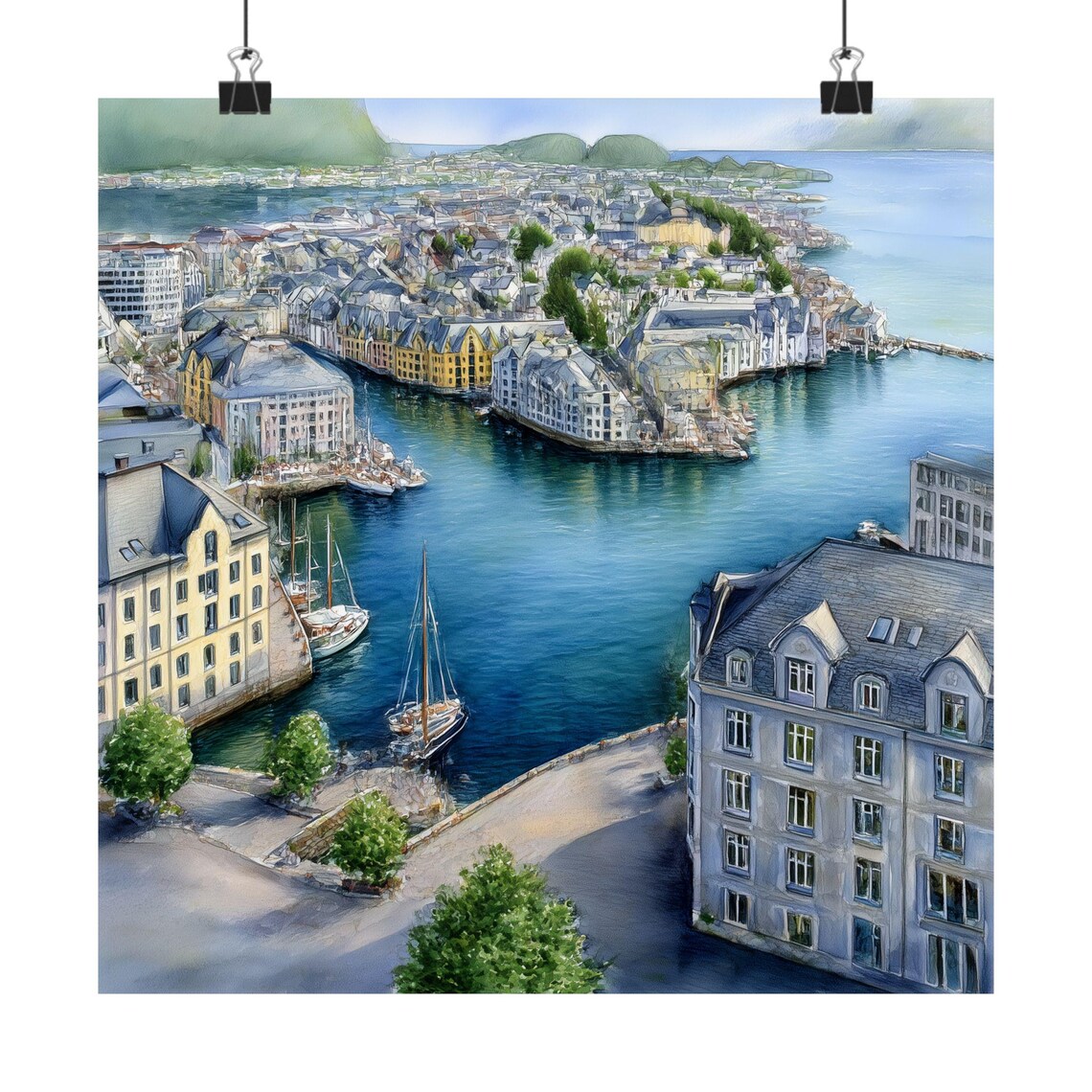 Aerial Alesund Norway Harbor Fjord Watercolor Travel Art Poster