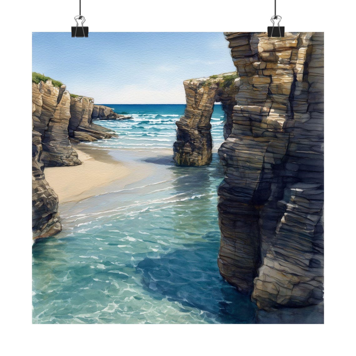 Playa De Las Catedrales Spain Rock Arch Beach Watercolor Poster