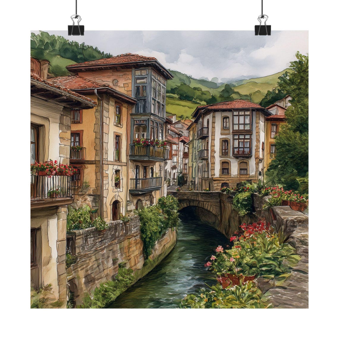 Viavelez Asturias Spain Old Town Riverside Watercolor Travel Poster