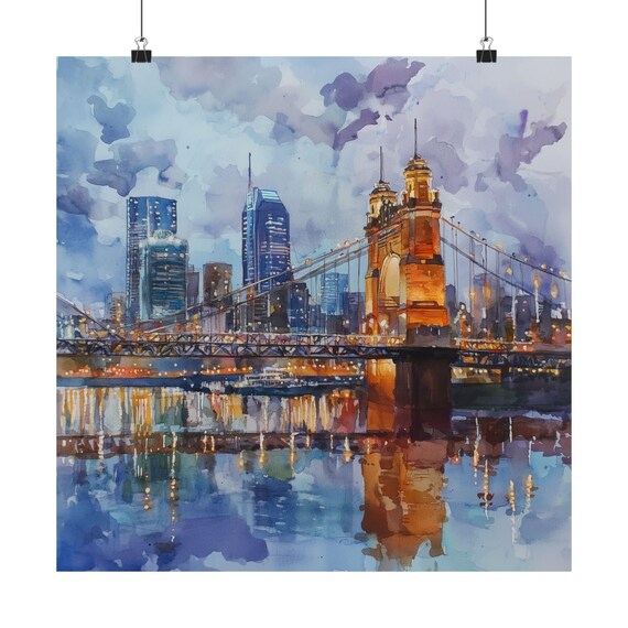 Cincinnati Skyline at Dusk Roebling Bridge Watercolor Poster
