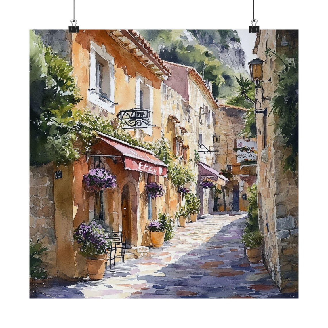 Eze France Watercolor Art Print, European Cafe Streetscape