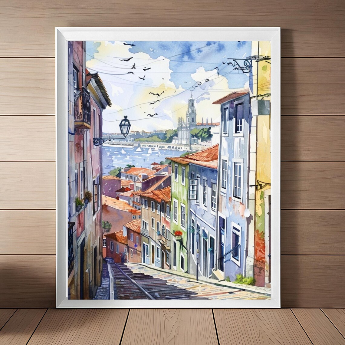 Portugal Old Town Street Watercolor Print With Tram Tracks And River