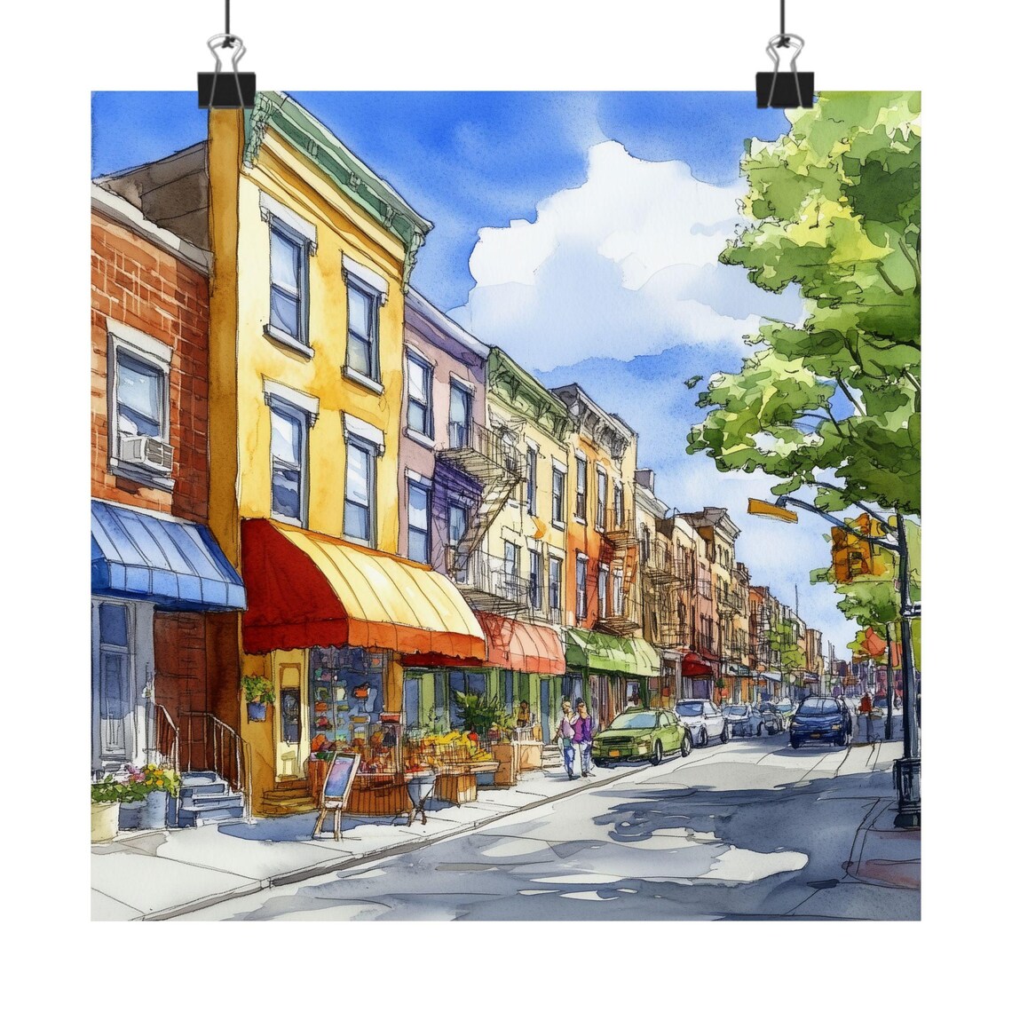 Brooklyn Colorful Brownstone Street Watercolor New York Poster