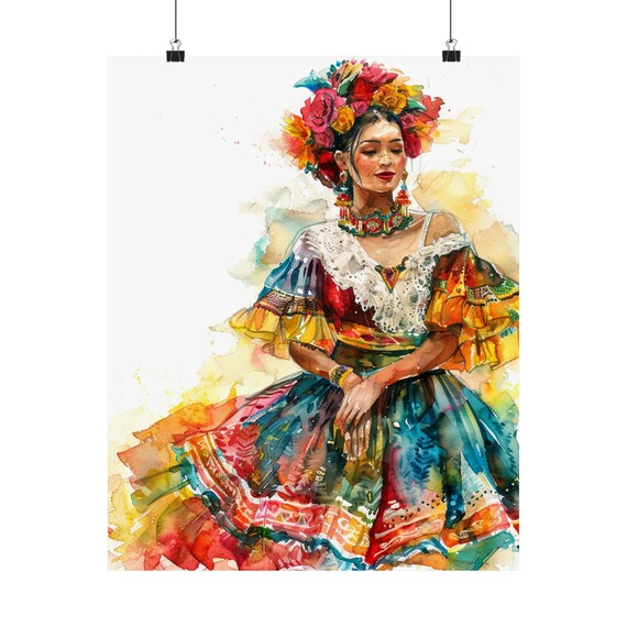 Mexican Woman Traditional Colorful Floral Dress Watercolor Art Poster