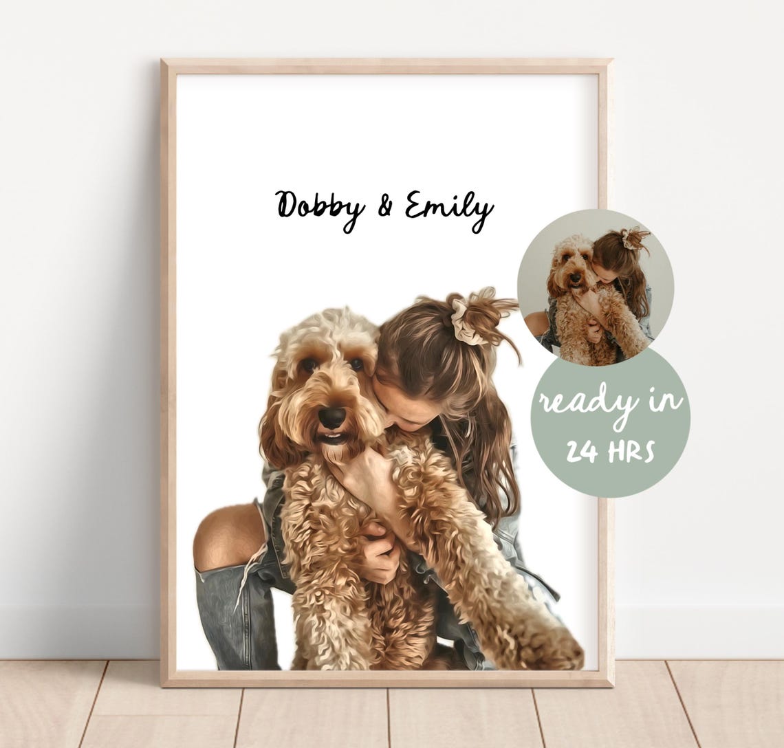 Custom Pet And Owner Portrait From Photo Custom Dog Portrait Memorial Dog Portrait Pet Owner Gift Custom Painting Photo Photo Edit
