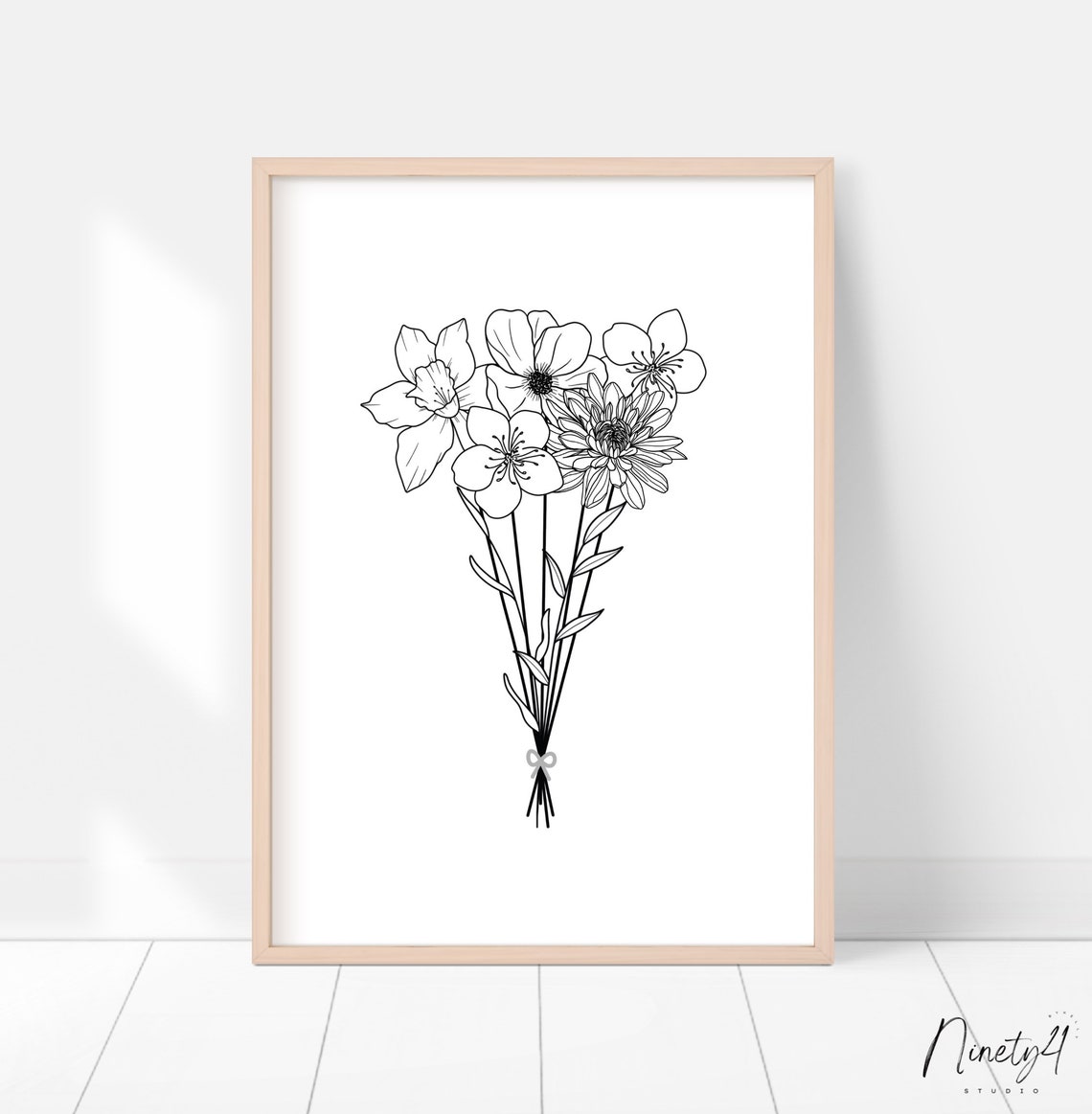 Birth Flower Bouquet Line Art Poster Tied Stems Family Floral Art