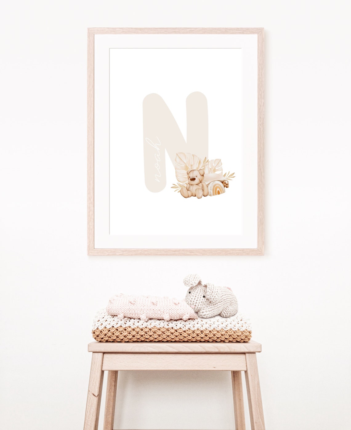 Boho Mila Teddy Bear Rainbow Monstera Nursery Name Initial Poster - Image 4