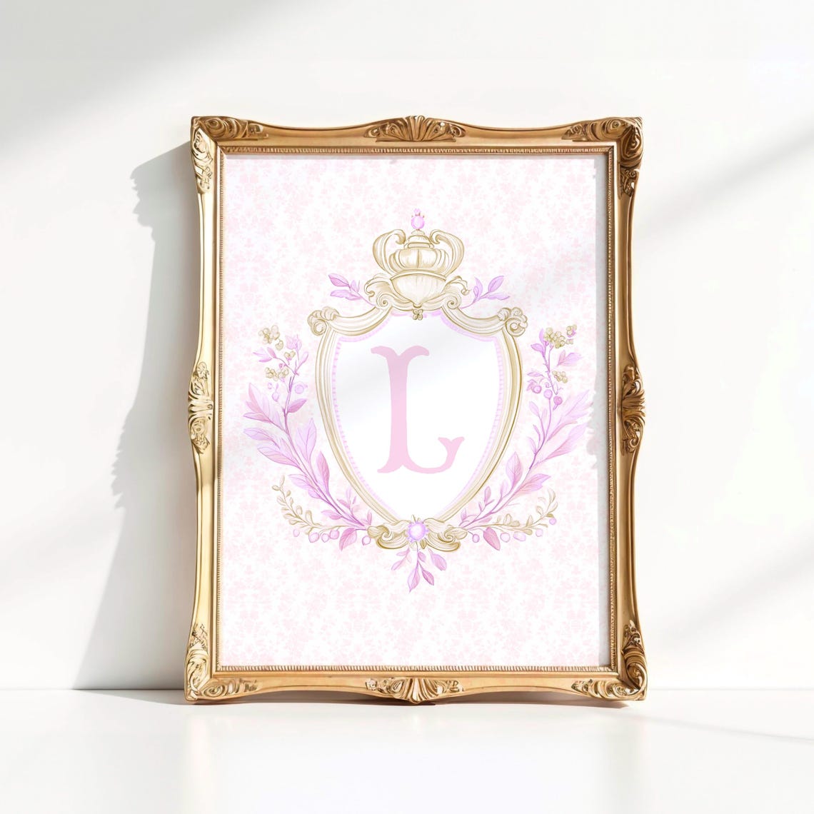 Pink Letter L Initial Monogram Crown Crest Floral Nursery Art Print - Image 4
