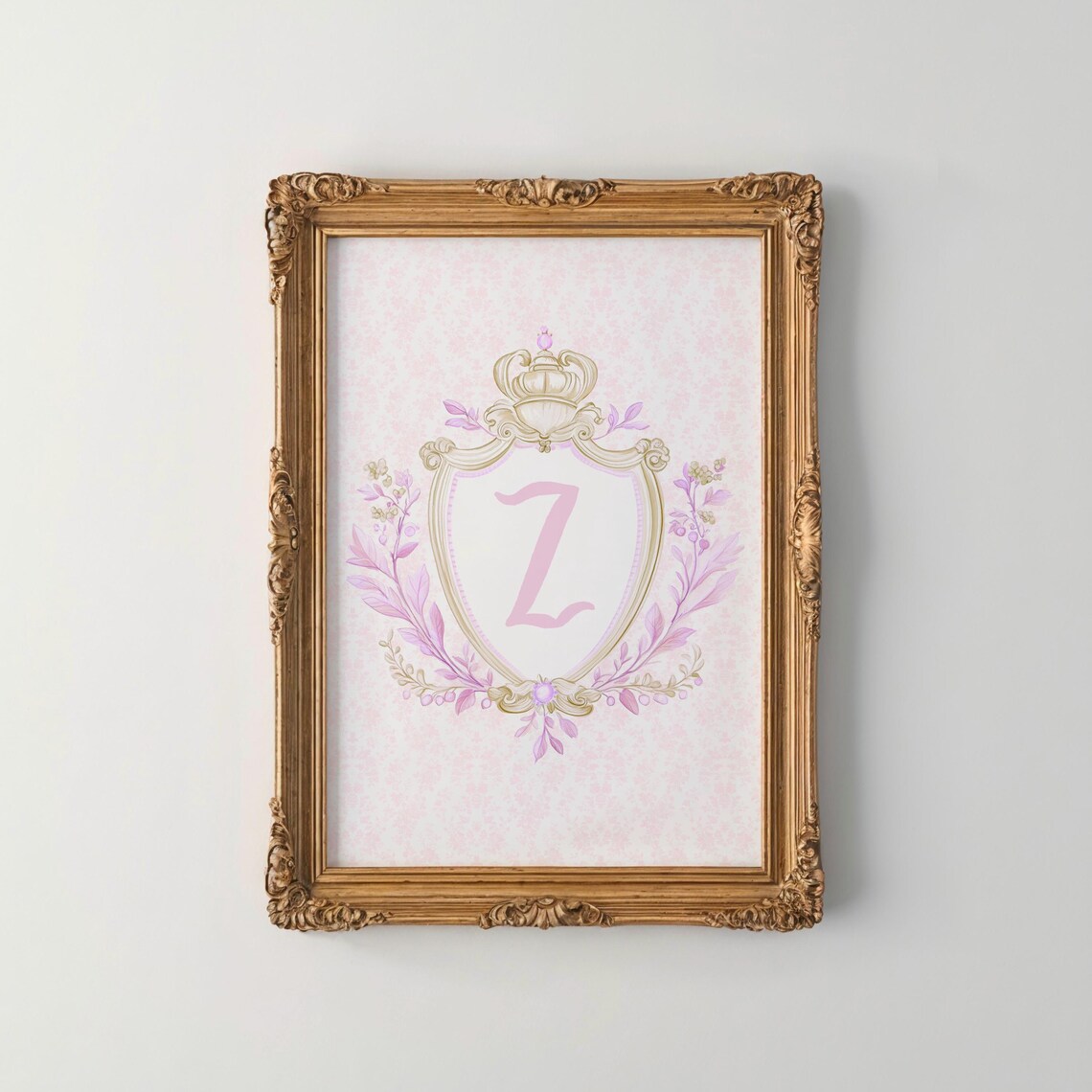 Pink Letter Z Initial Monogram Crown Crest Floral Nursery Art Print
