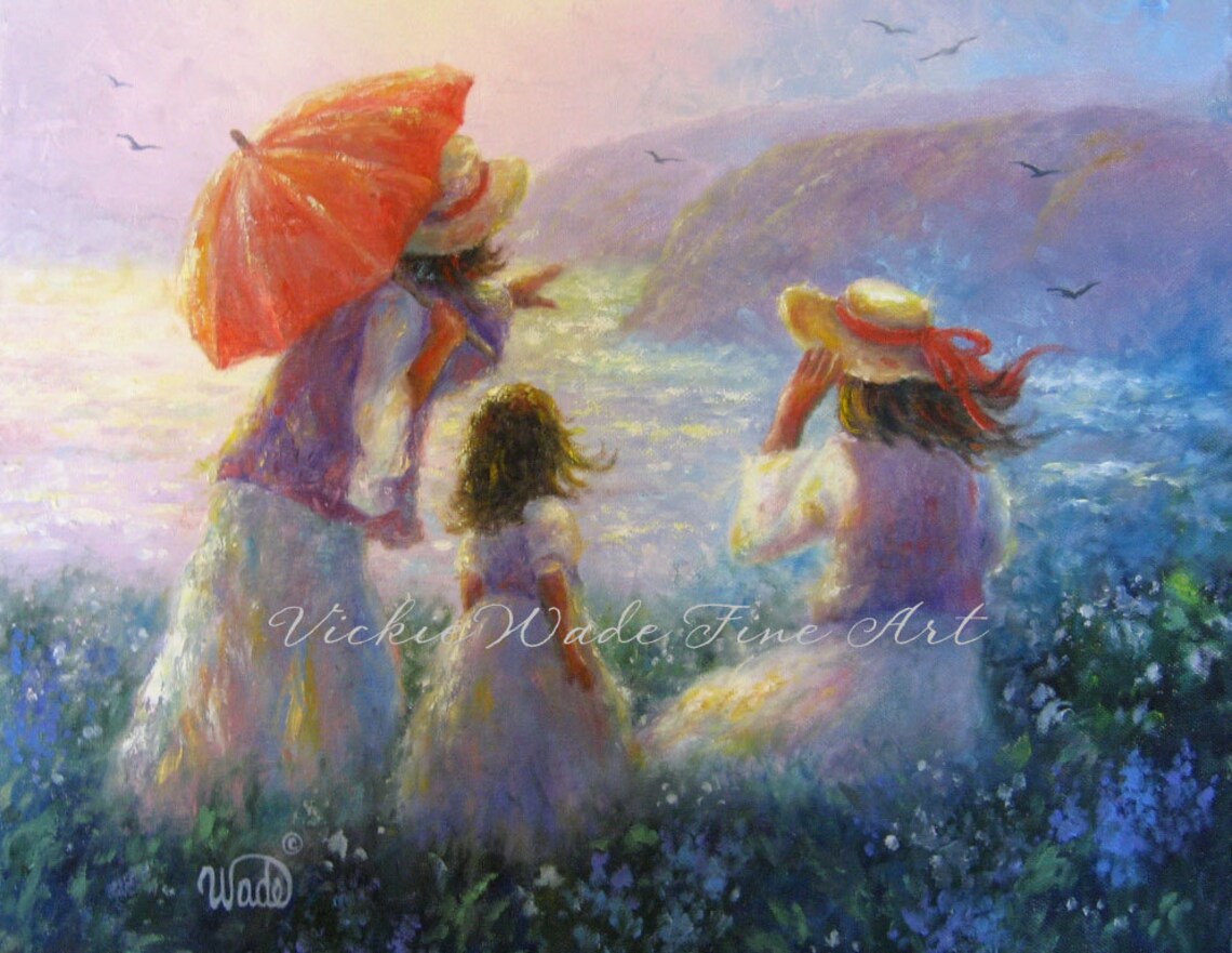 Mother with Red Umbrella and Two Daughters by the Sea Poster