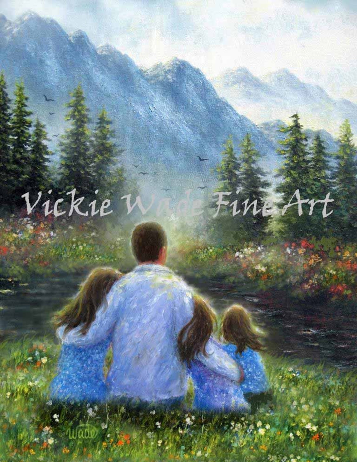 Father Hugging Three Daughters by a Mountain Lake Meadow Poster