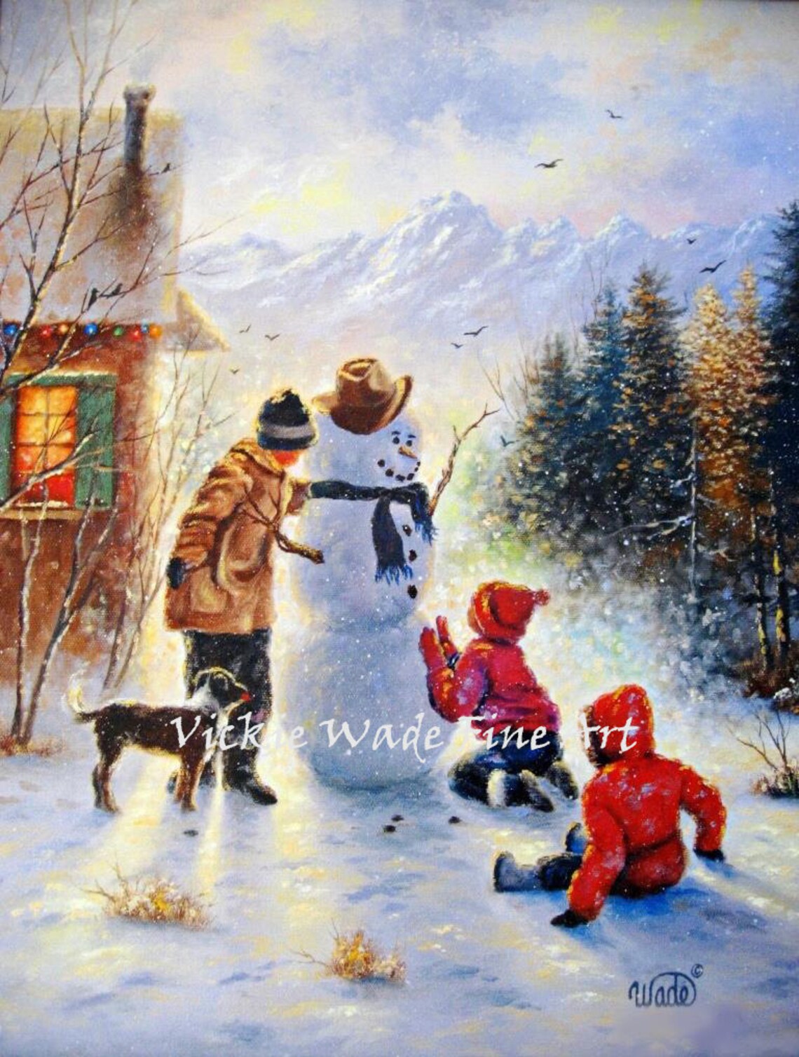 Three Kids Building Snowman by Cozy Cabin With Dog Art Poster