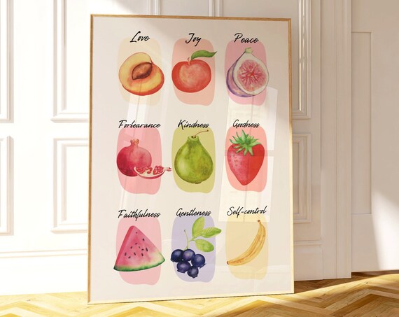 Fruit Of The Spirit Watercolor Fruit Chart Retro Christian Art Poster