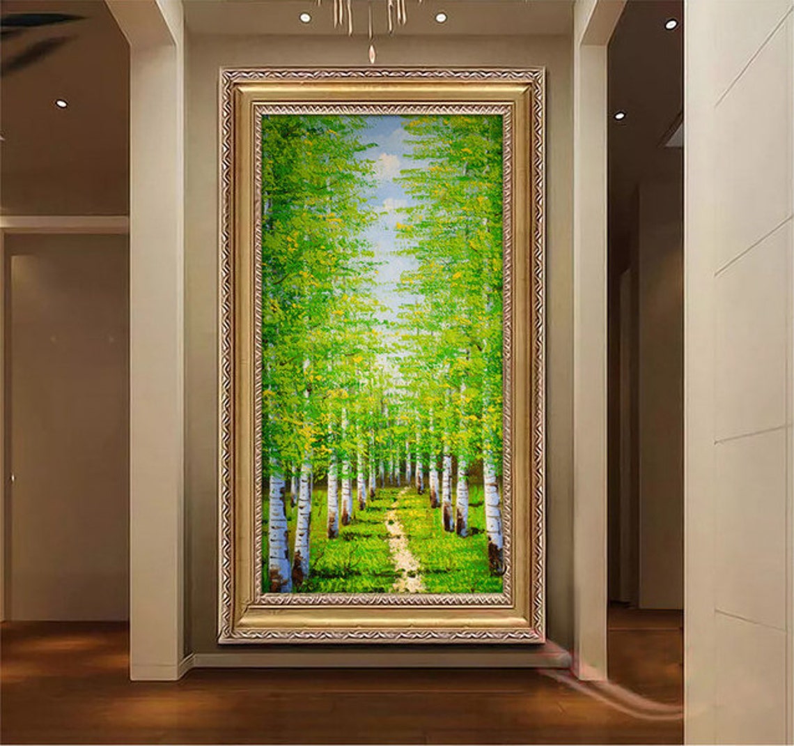 Green Birch Forest Path Tall Sunlit Palette Knife Landscape Poster - Image 2