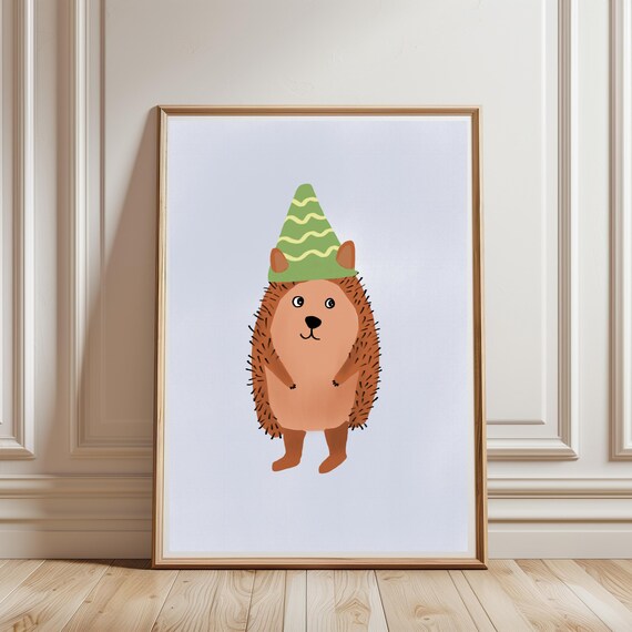 Cute Hedgehog With Green Party Hat Minimalist Kids Room Nursery Art Poster