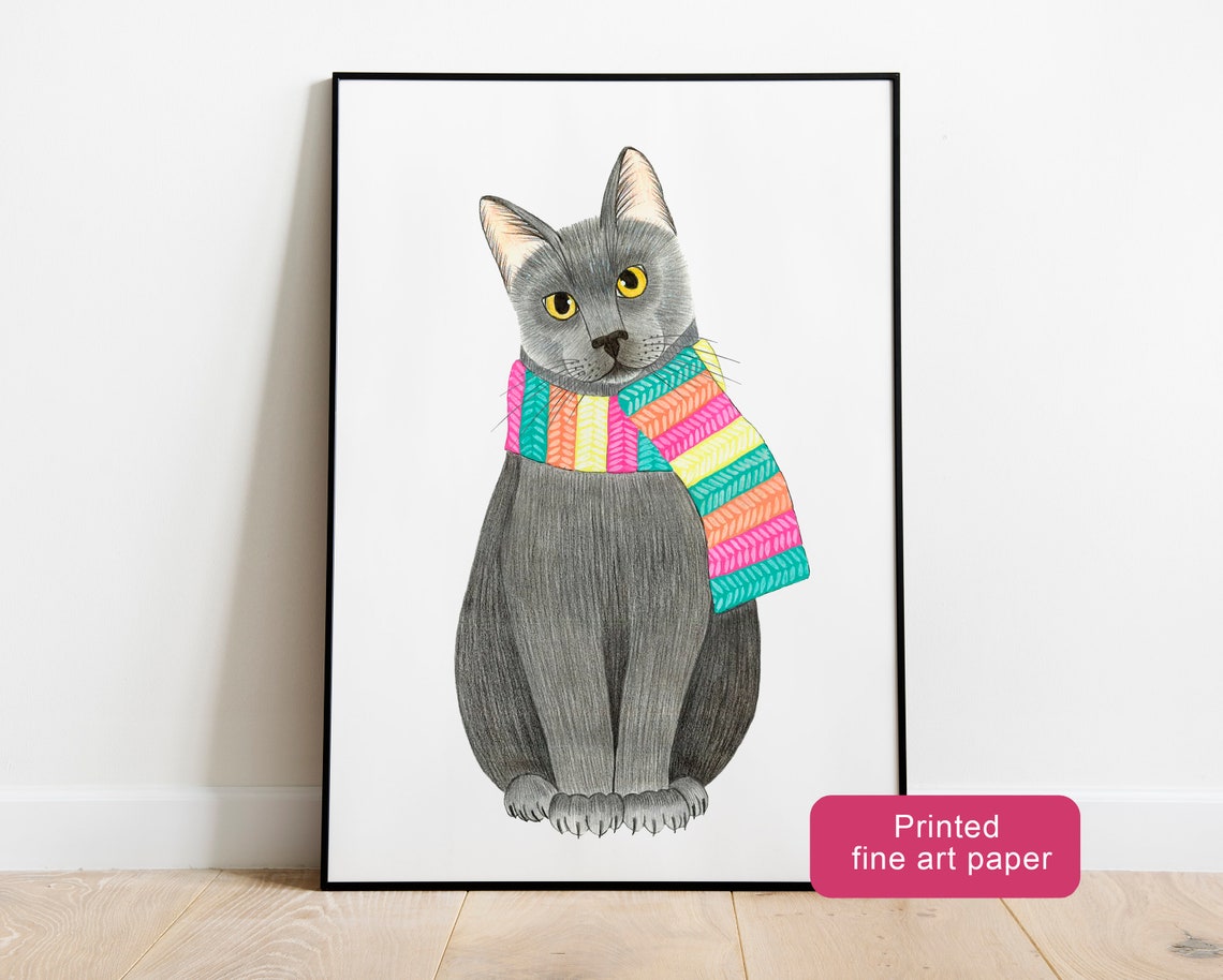 Cat With Scarf Wall Decor Fall Art Print British Shorthair Grey Kitten Artwork Themed Gifts Kitties Illustration
