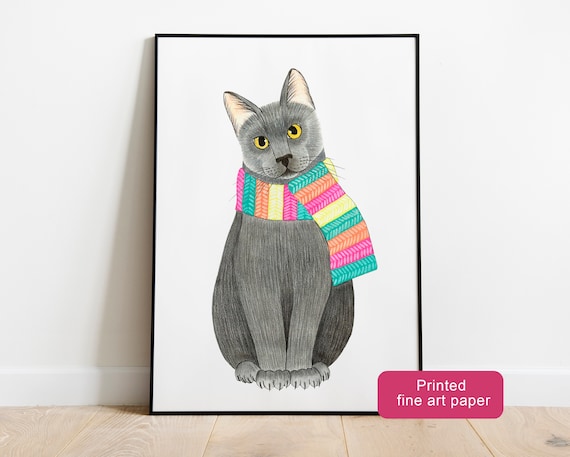 Gray Cat Colorful Knit Scarf Fall Portrait Cute Animal Poster