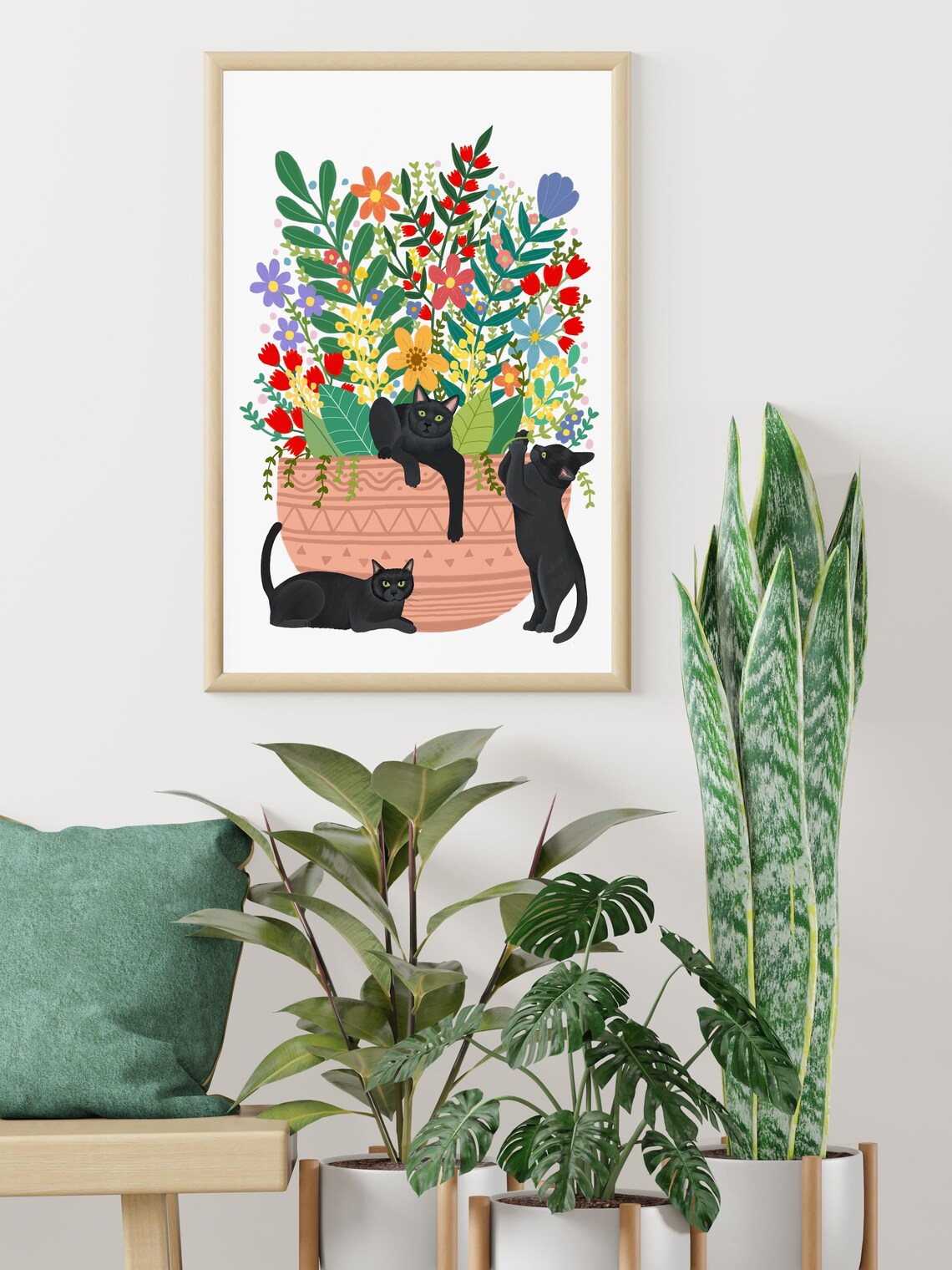 Black Cat Painting, Floral Cat Illustration - Image 2