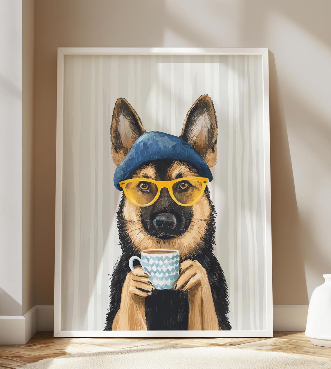 German Shepherd in Blue Beanie and Glasses Holding Coffee Poster