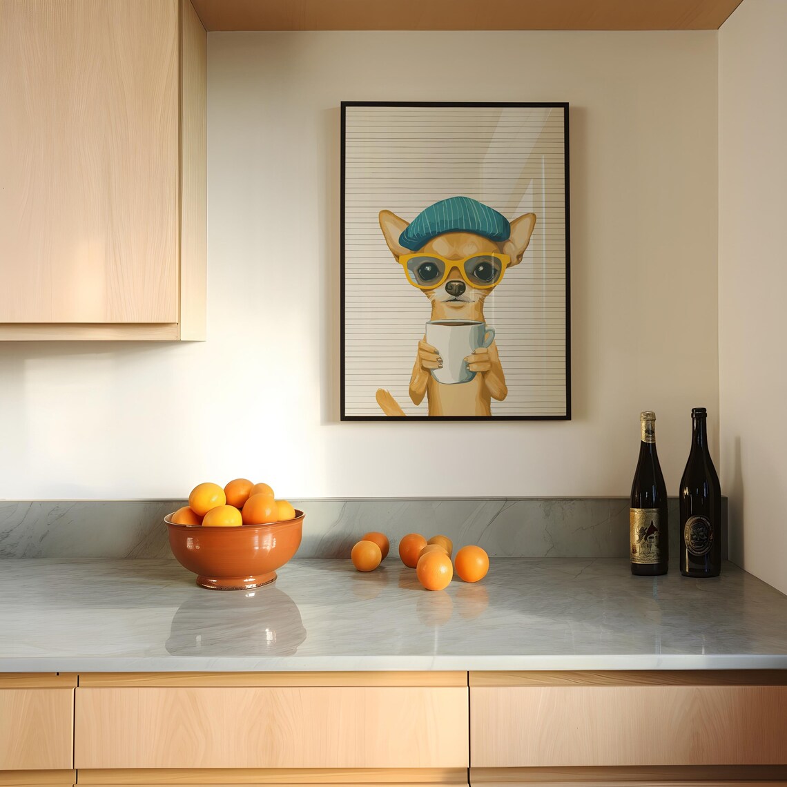Chihuahua in Teal Beanie and Yellow Glasses Holding Coffee Poster - Image 2