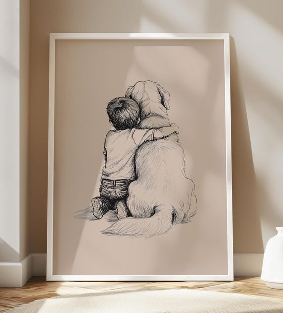 Golden Retriever And Boy Nursery Art Print