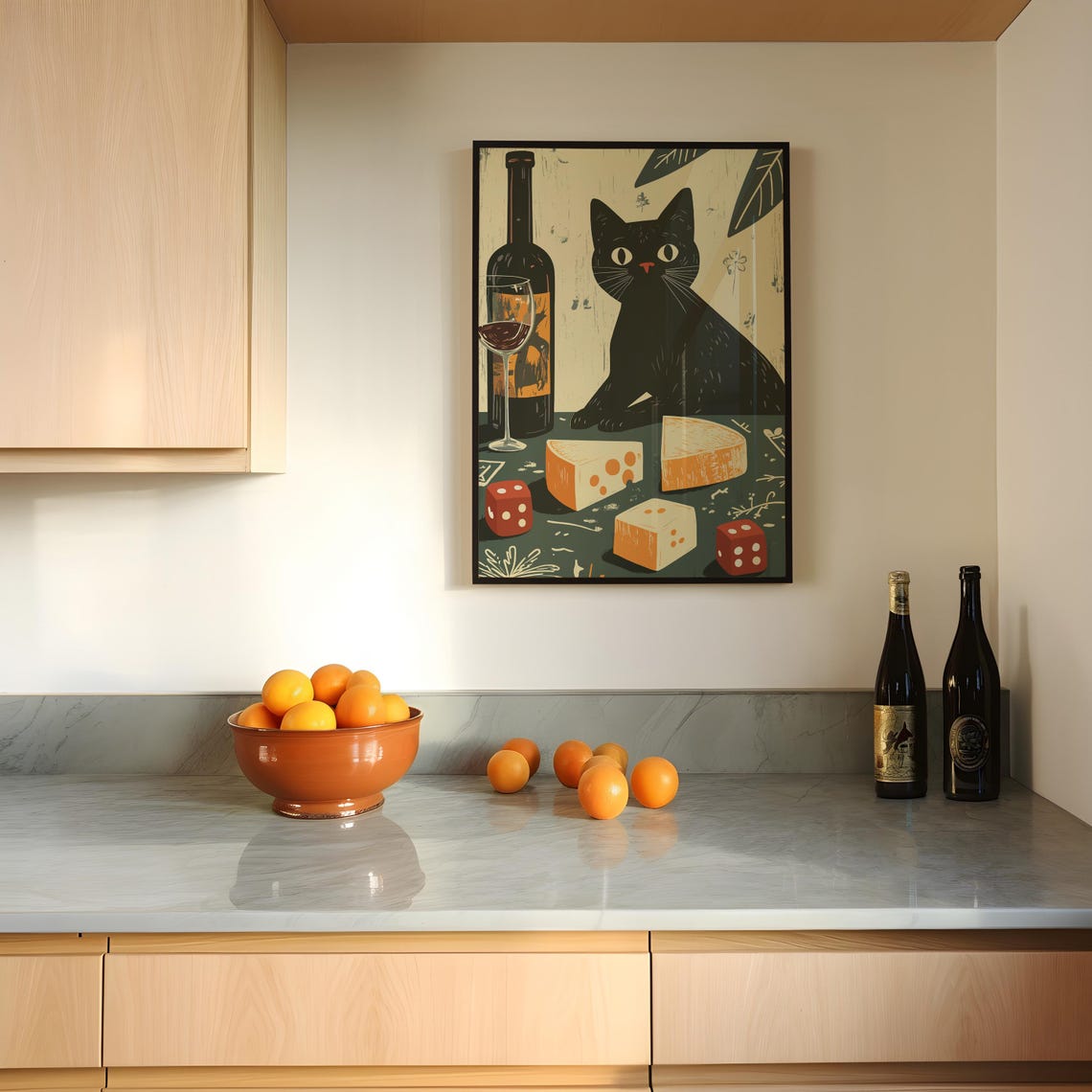 Black Cat Wine and Cheese Vintage Whimsical Kitchen Art Poster - Image 2
